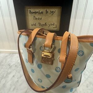 Dooney & Bourke Tan and Blue Polka Dot Tote